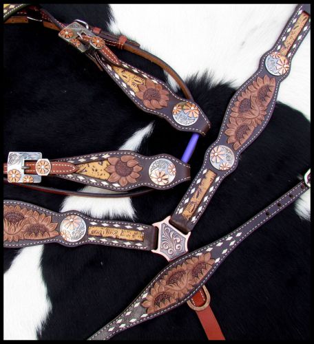 Showman Sunflower Tooled Leather Browband headstall and breastcollar set #4